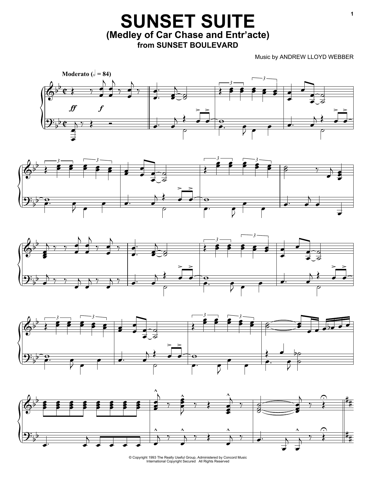 Download Andrew Lloyd Webber Sunset Suite (Medley Of Car Chase And Entr'acte) Sheet Music and learn how to play Piano Solo PDF digital score in minutes