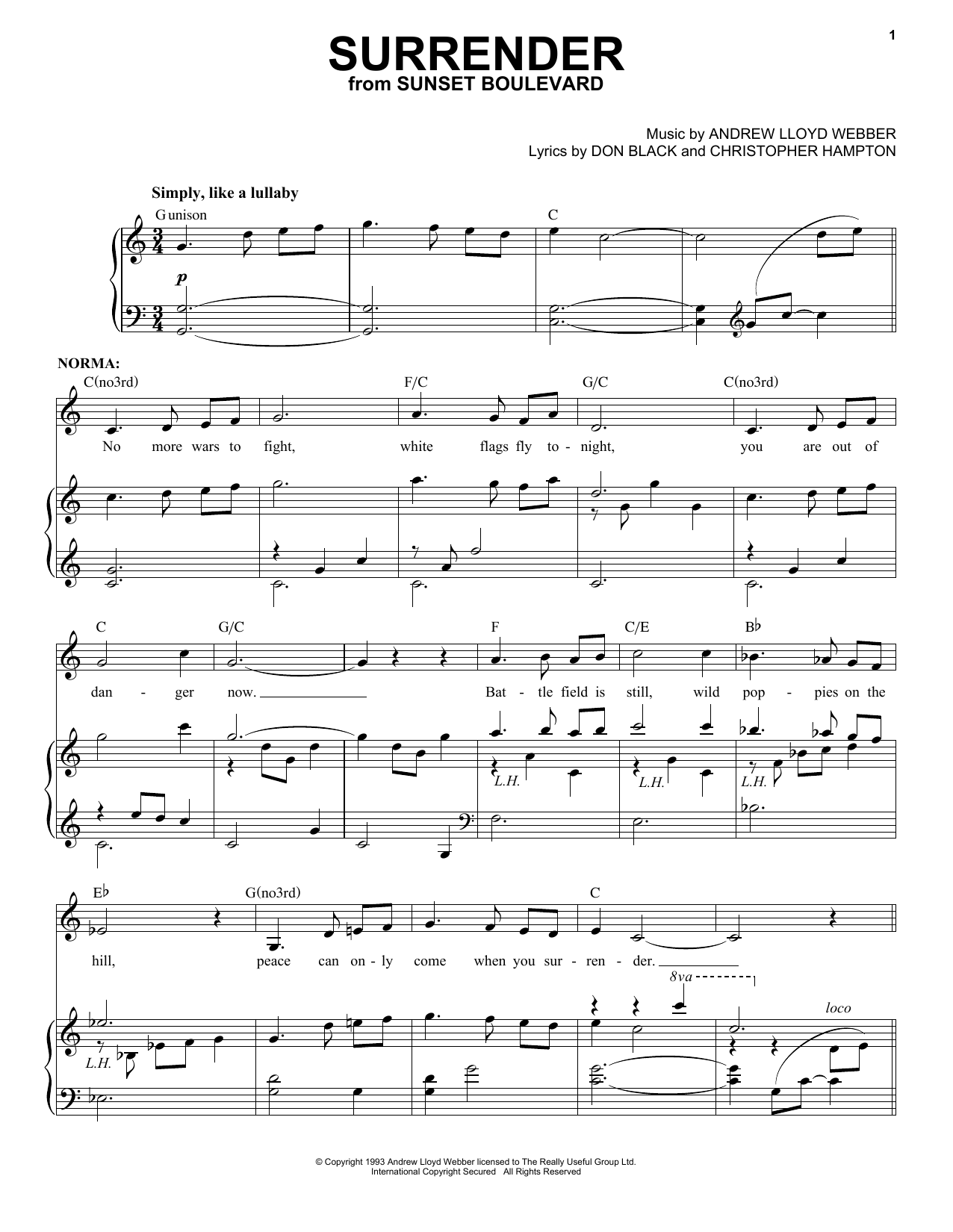 Download Andrew Lloyd Webber Surrender Sheet Music and learn how to play Piano & Vocal PDF digital score in minutes