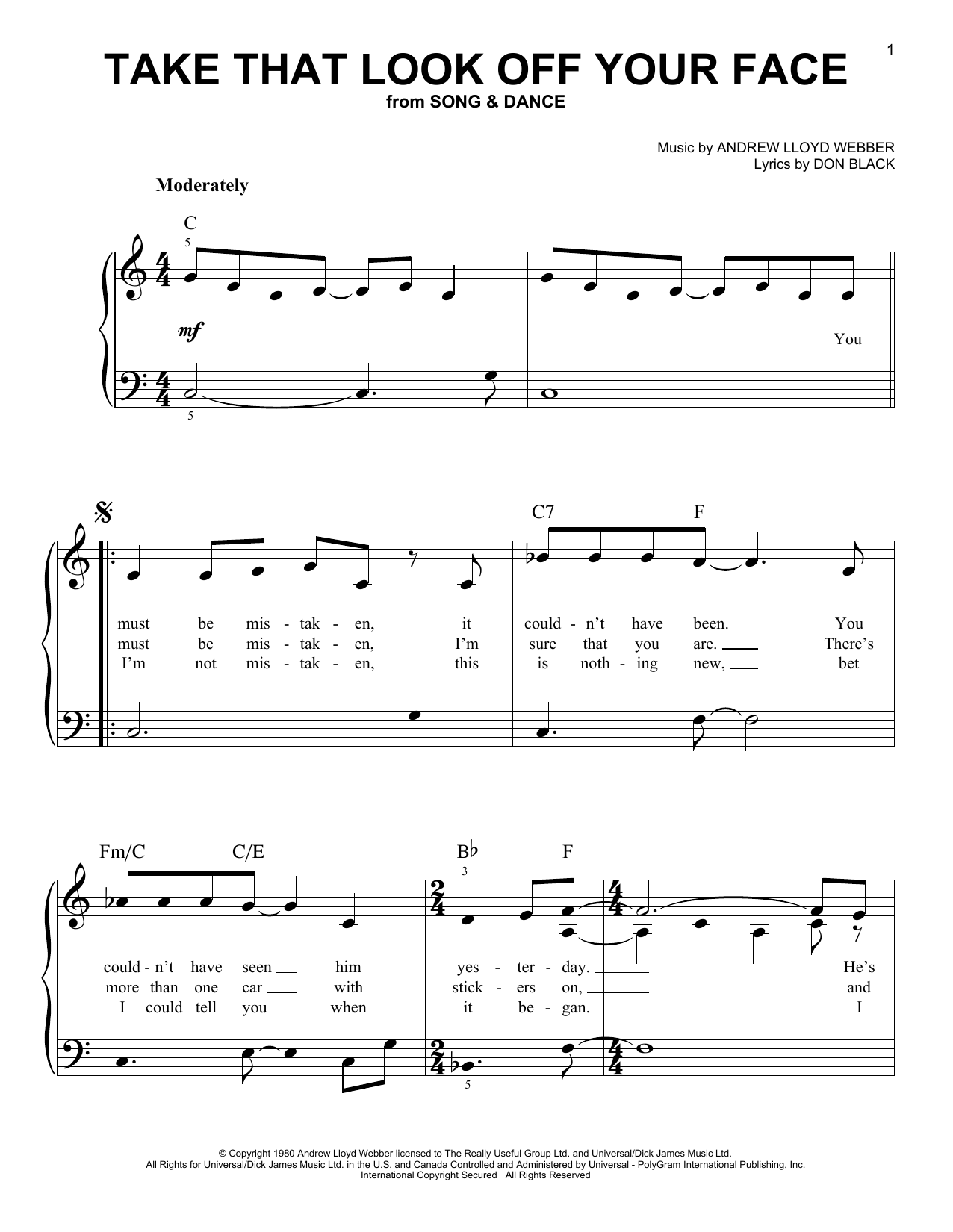 Download Andrew Lloyd Webber Take That Look Off Your Face Sheet Music and learn how to play Super Easy Piano PDF digital score in minutes