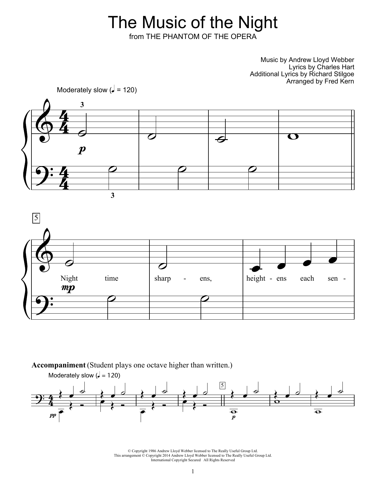 Download Fred Kern The Music Of The Night Sheet Music and learn how to play Easy Piano PDF digital score in minutes