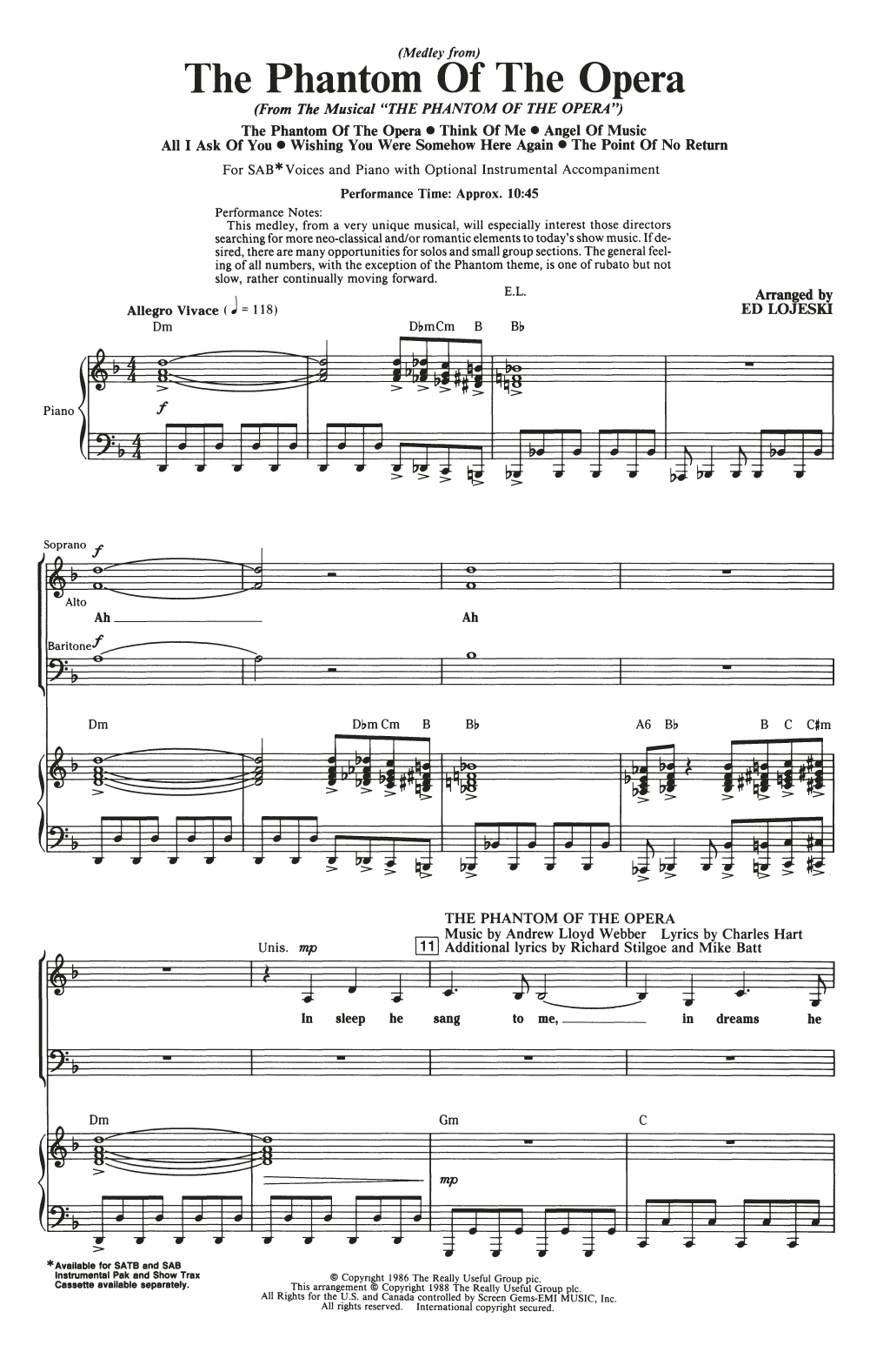 Download Andrew Lloyd Webber The Phantom Of The Opera (Medley) (arr. Ed Lojeski) Sheet Music and learn how to play SAB Choir PDF digital score in minutes