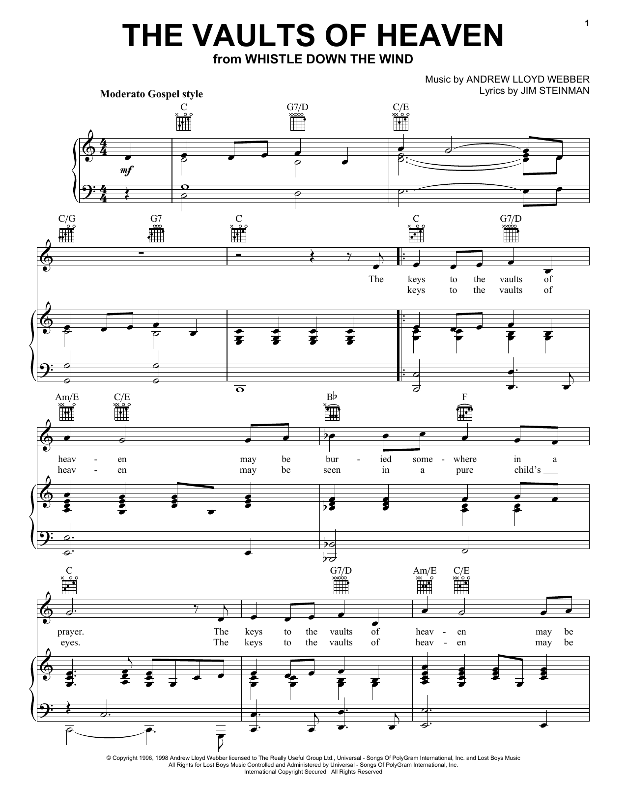 Download Andrew Lloyd Webber The Vaults Of Heaven Sheet Music and learn how to play Piano, Vocal & Guitar (Right-Hand Melody) PDF digital score in minutes