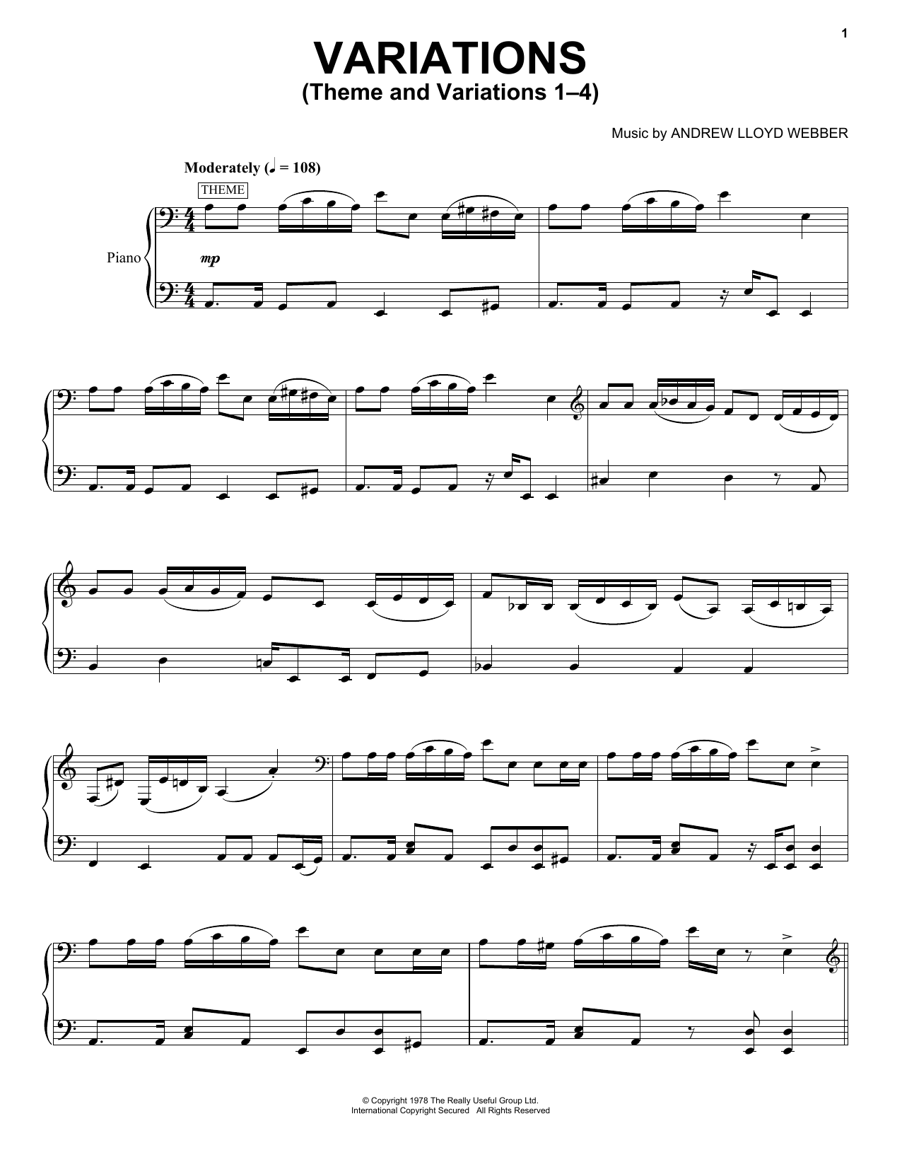 Download Andrew Lloyd Webber Theme And Variations 1-4 Sheet Music and learn how to play Piano, Vocal & Guitar (Right-Hand Melody) PDF digital score in minutes