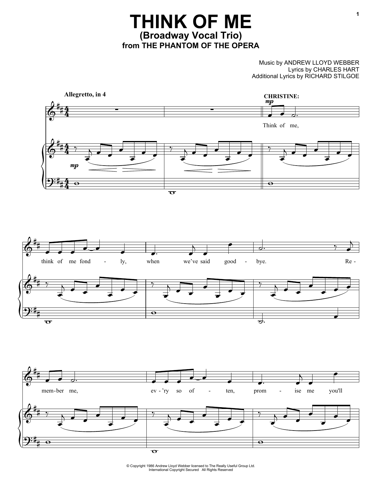 Download Andrew Lloyd Webber Think Of Me (from Phantom Of The Opera) (Trio) Sheet Music and learn how to play Piano & Vocal PDF digital score in minutes