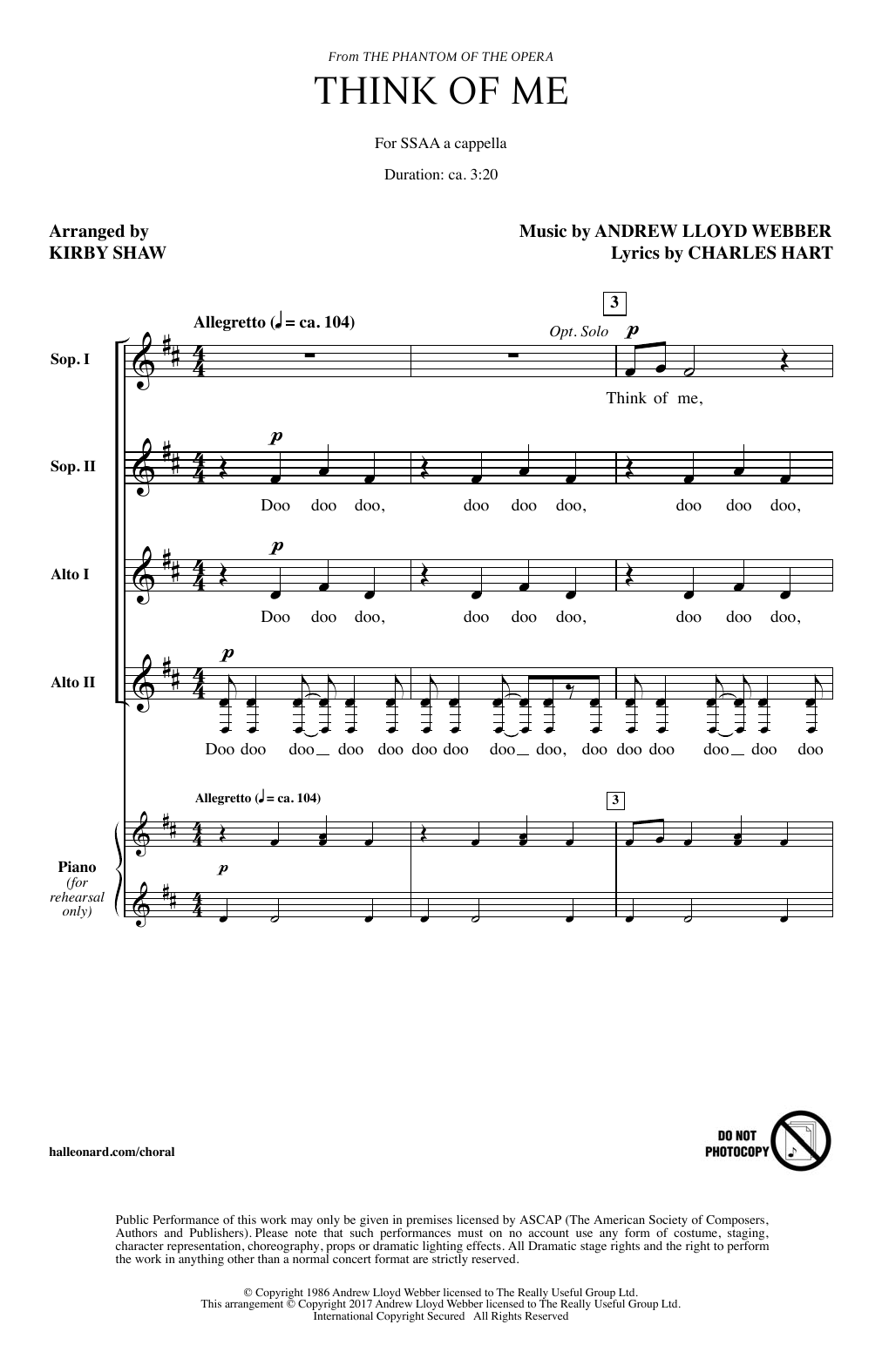 Download Kirby Shaw Think Of Me Sheet Music and learn how to play SSA PDF digital score in minutes