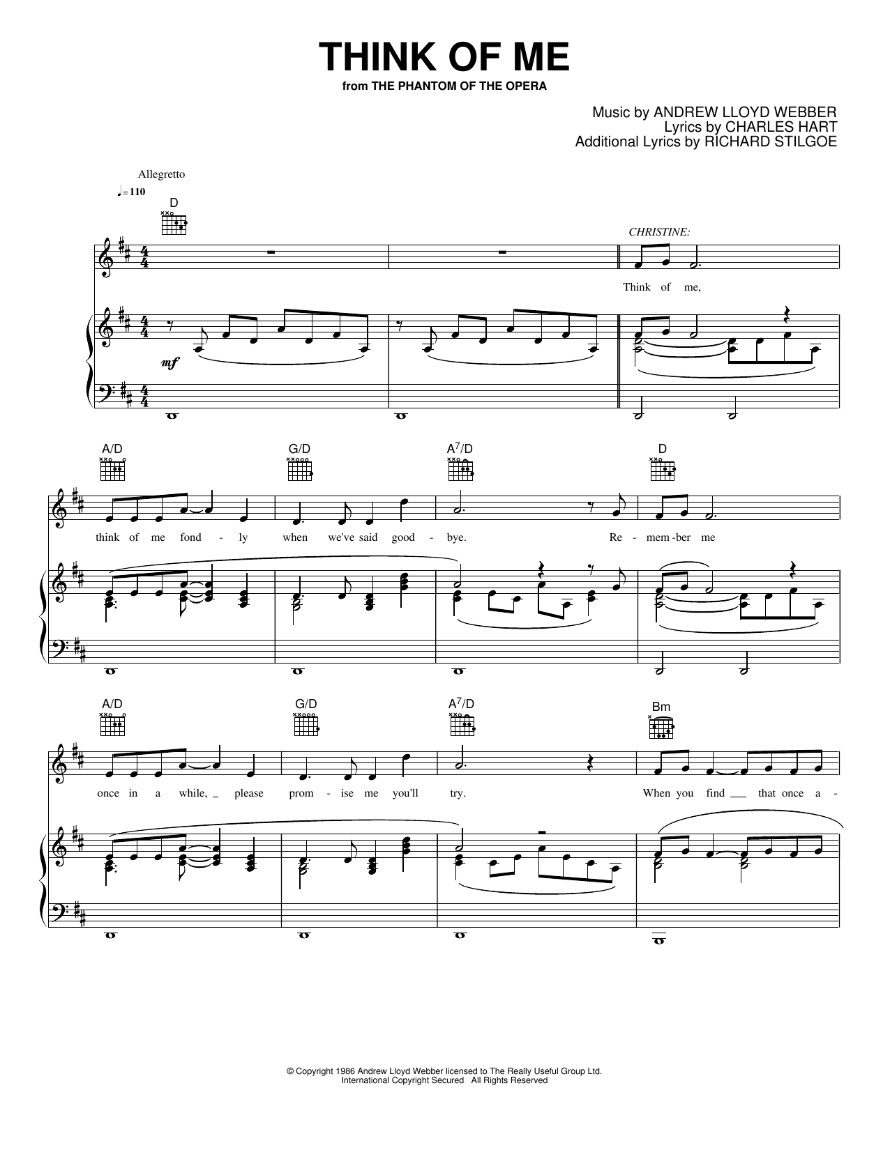 Download Andrew Lloyd Webber Think Of Me Sheet Music and learn how to play Piano, Vocal & Guitar Chords (Right-Hand Melody) PDF digital score in minutes