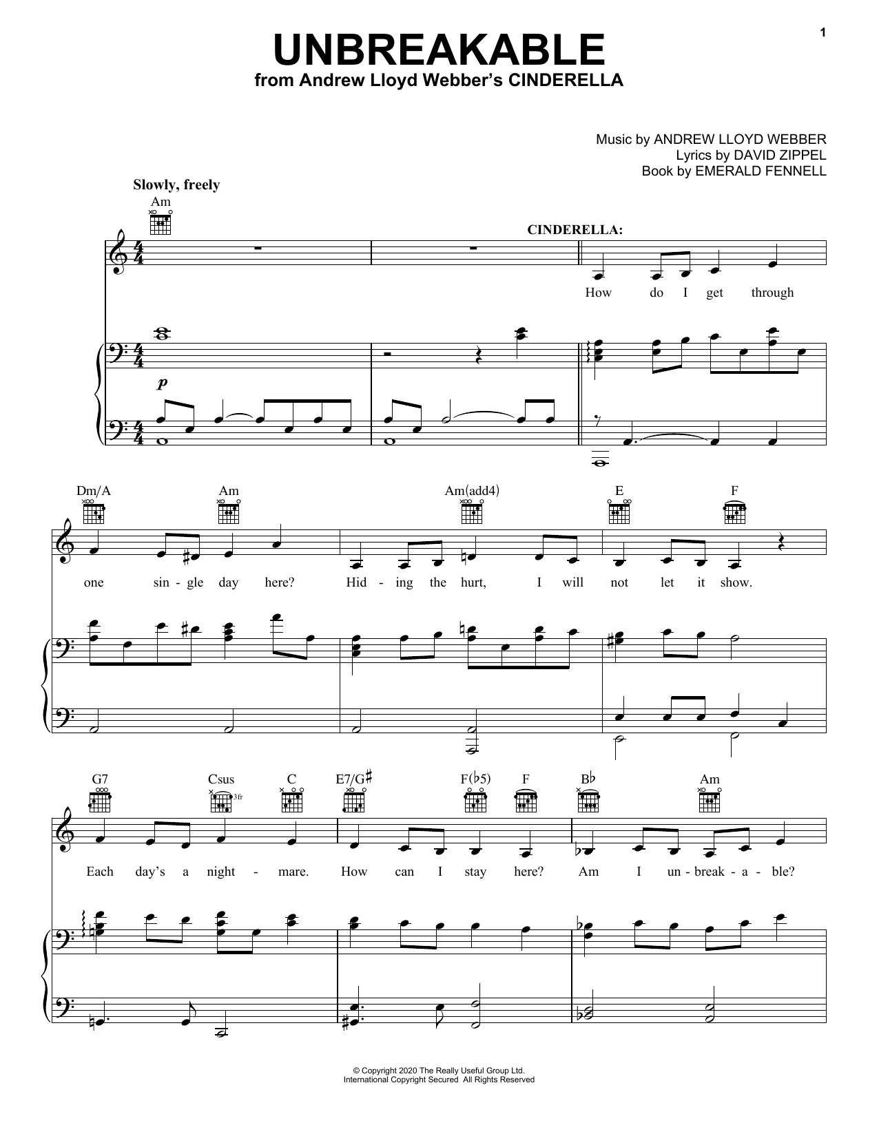 Download Andrew Lloyd Webber Unbreakable (from Andrew Lloyd Webber's Cinderella) Sheet Music and learn how to play Piano, Vocal & Guitar Chords (Right-Hand Melody) PDF digital score in minutes