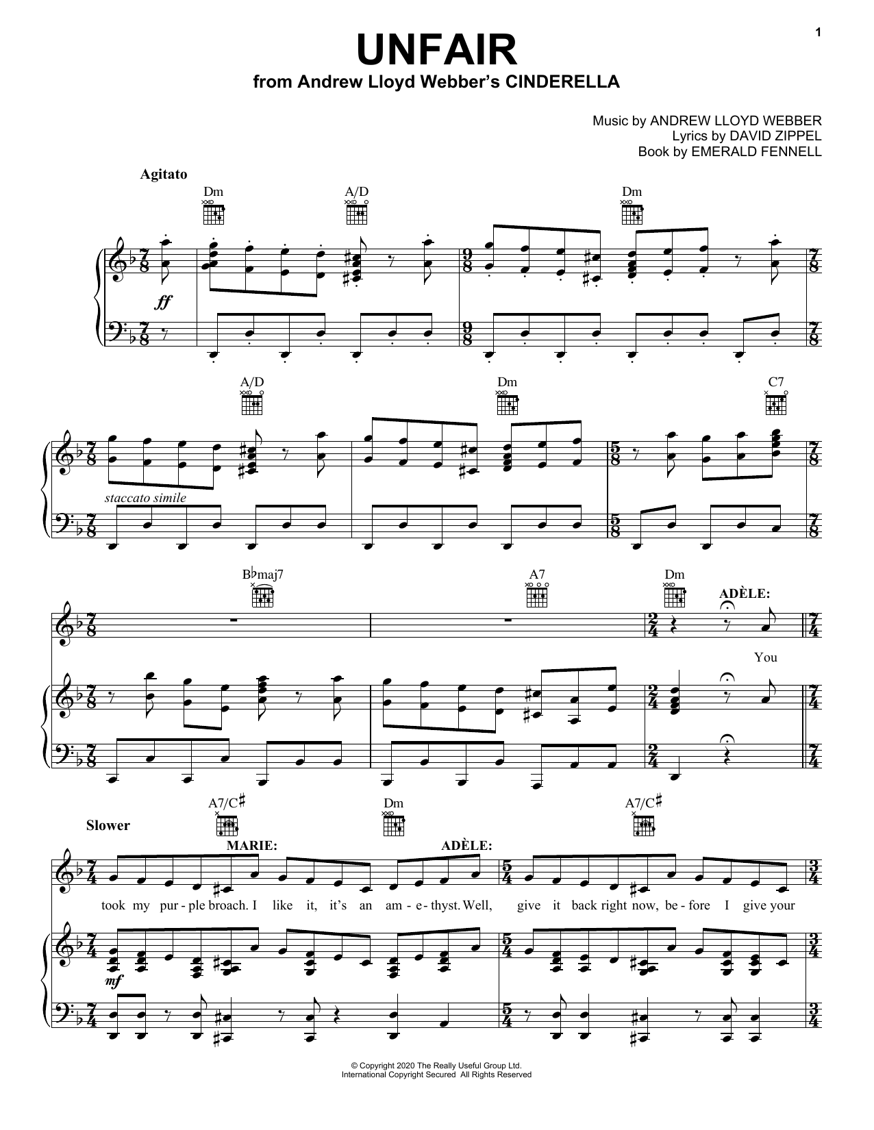 Download Andrew Lloyd Webber Unfair (from Andrew Lloyd Webber's Cinderella) Sheet Music and learn how to play Piano, Vocal & Guitar Chords (Right-Hand Melody) PDF digital score in minutes