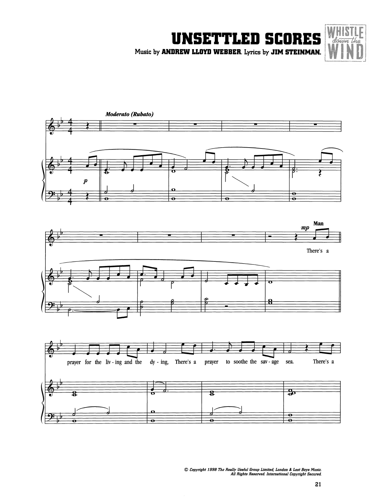 Download Andrew Lloyd Webber Unsettled Scores (from Whistle Down The Wind) Sheet Music and learn how to play Piano & Vocal PDF digital score in minutes