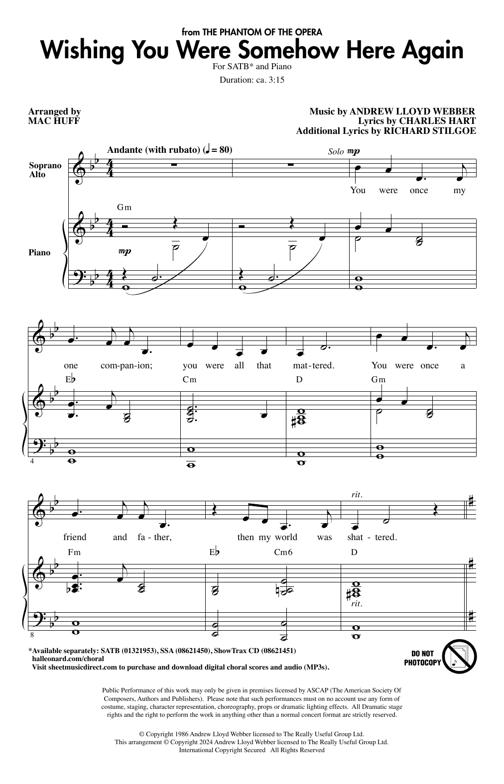 Download Andrew Lloyd Webber Wishing You Were Somehow Here Again (from The Phantom Of The Opera) (arr. Mac Hu Sheet Music and learn how to play SATB Choir PDF digital score in minutes