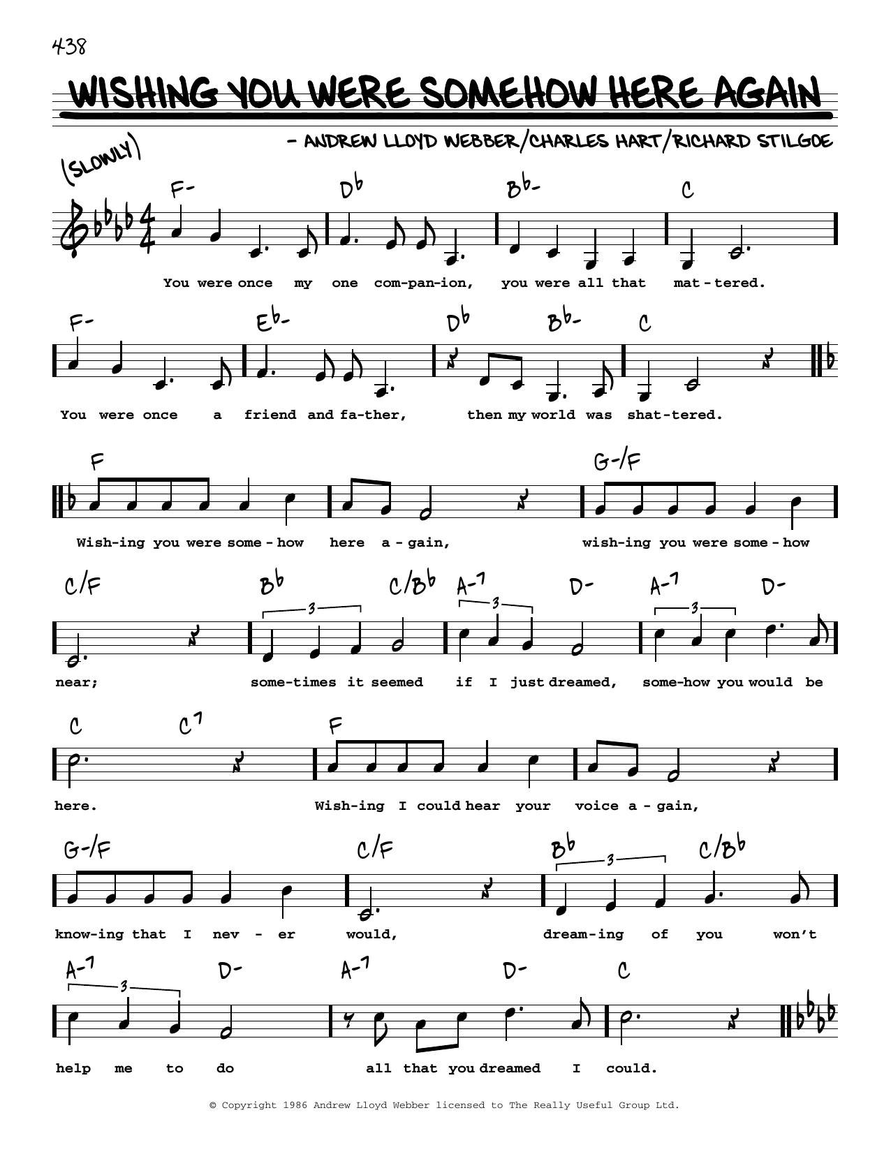 Download Andrew Lloyd Webber Wishing You Were Somehow Here Again (Low Voice) (from The Phantom Of The Opera) Sheet Music and learn how to play Real Book – Melody, Lyrics & Chords PDF digital score in minutes