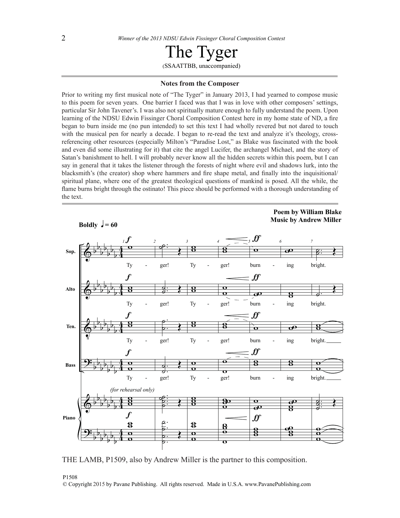 Download Andrew Miller The Tyger Sheet Music and learn how to play SSAATTBB Choir PDF digital score in minutes