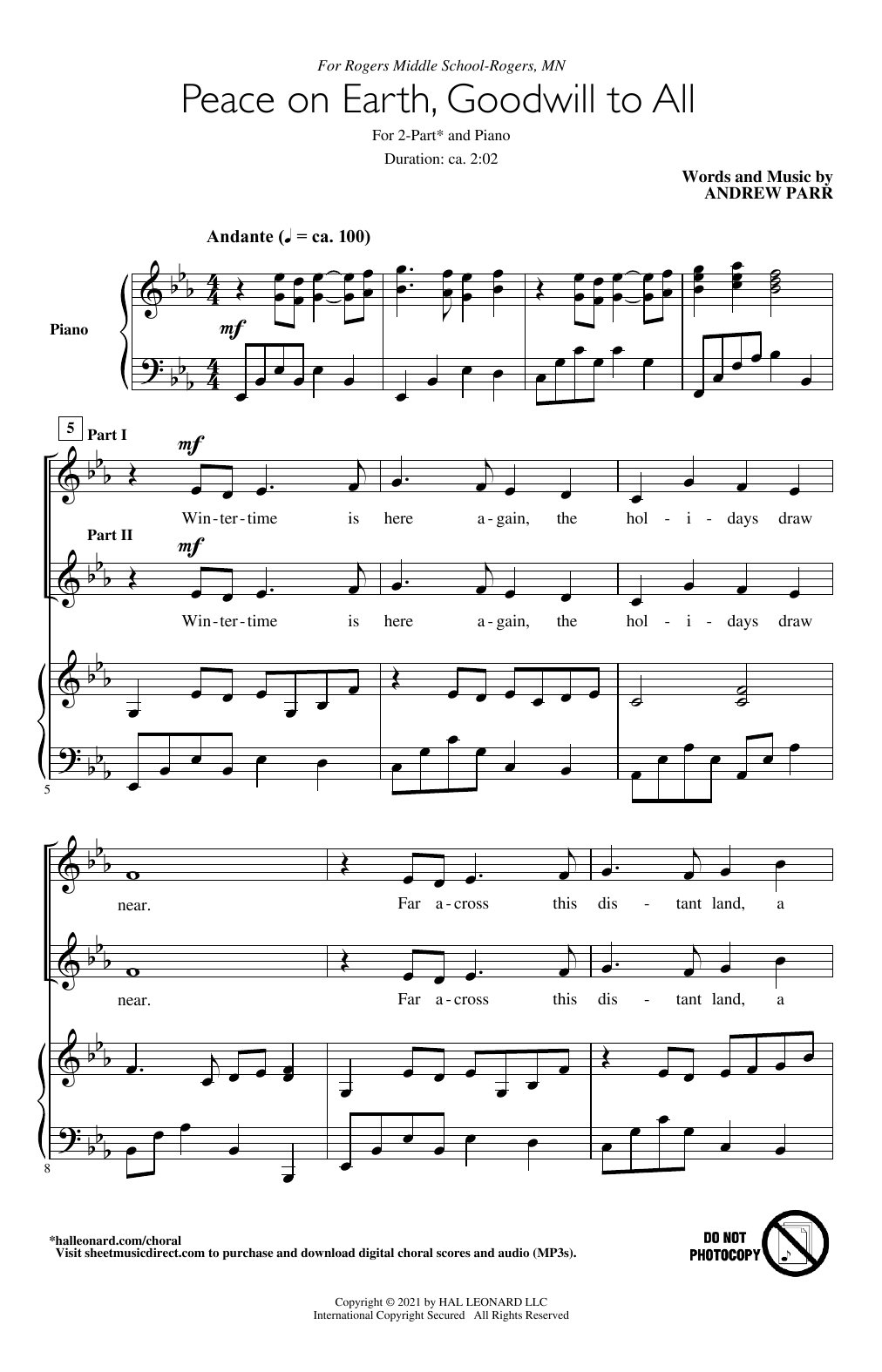 Download Andrew Parr Peace On Earth, Goodwill To All Sheet Music and learn how to play 2-Part Choir PDF digital score in minutes