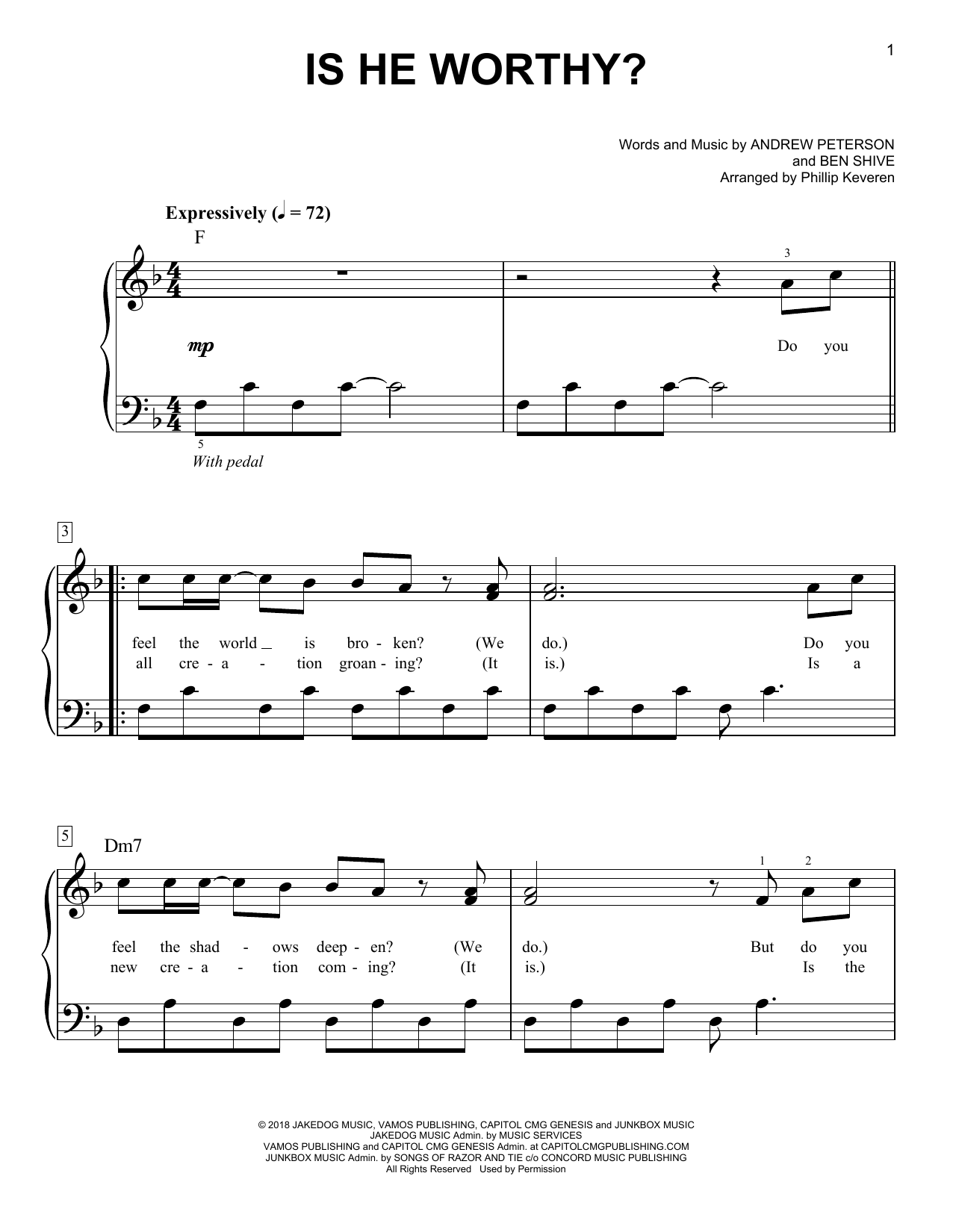 Download Andrew Peterson Is He Worthy? (arr. Phillip Keveren) Sheet Music and learn how to play Easy Piano PDF digital score in minutes