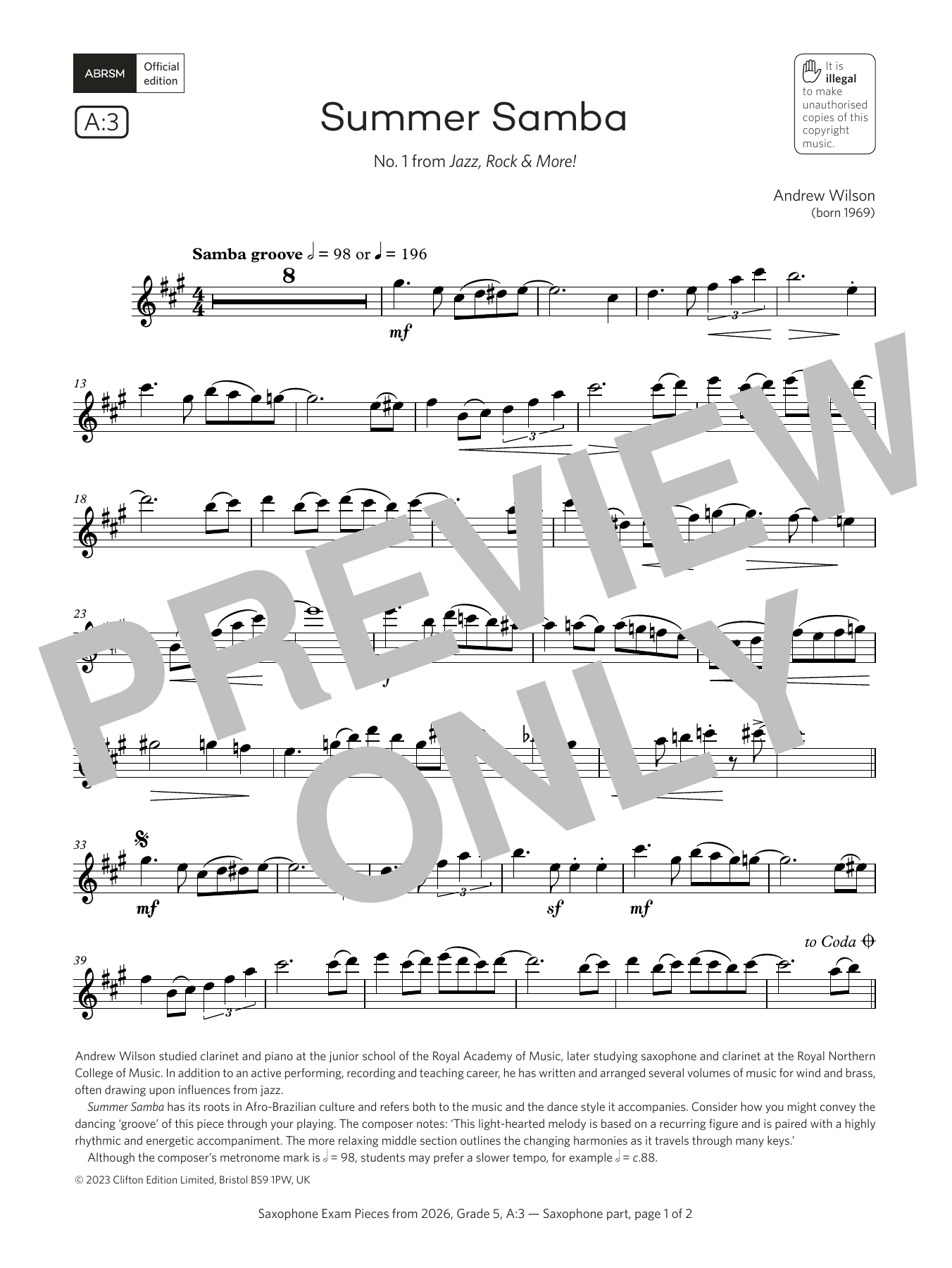 Download Andrew Wilson Summer Samba (Grade 5, list A3, from the ABRSM Saxophone Syllabus from 2026) Sheet Music and learn how to play Alto Sax Solo PDF digital score in minutes