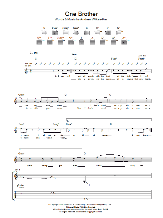 Download Andrew WK One Brother Sheet Music and learn how to play Guitar Tab PDF digital score in minutes