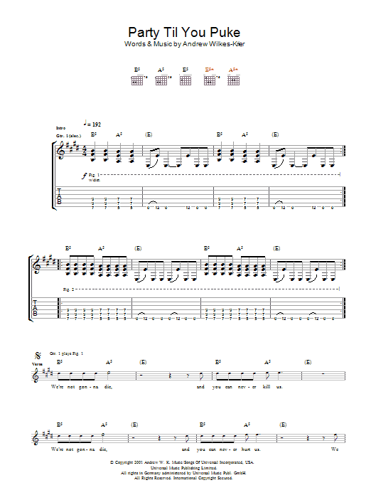 Download Andrew WK Party Til You Puke Sheet Music and learn how to play Guitar Tab PDF digital score in minutes