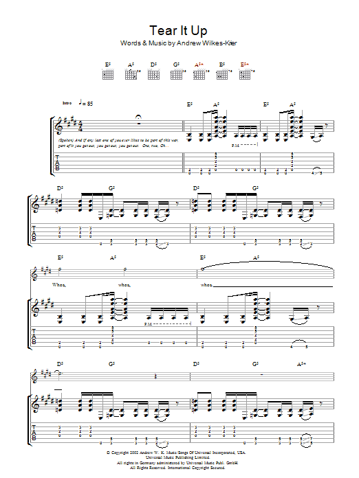 Download Andrew WK Tear It Up Sheet Music and learn how to play Guitar Tab PDF digital score in minutes