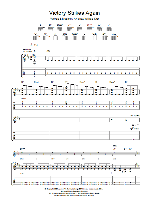 Download Andrew WK Victory Strikes Again Sheet Music and learn how to play Guitar Tab PDF digital score in minutes