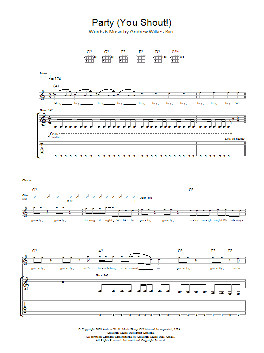 Download Andrew WK We Party (You Shout) Sheet Music and learn how to play Guitar Tab PDF digital score in minutes