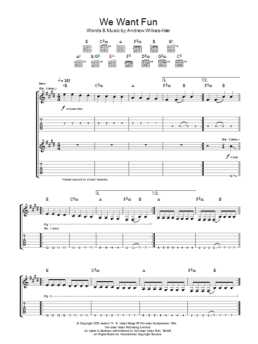 Download Andrew WK We Want Fun Sheet Music and learn how to play Guitar Tab PDF digital score in minutes