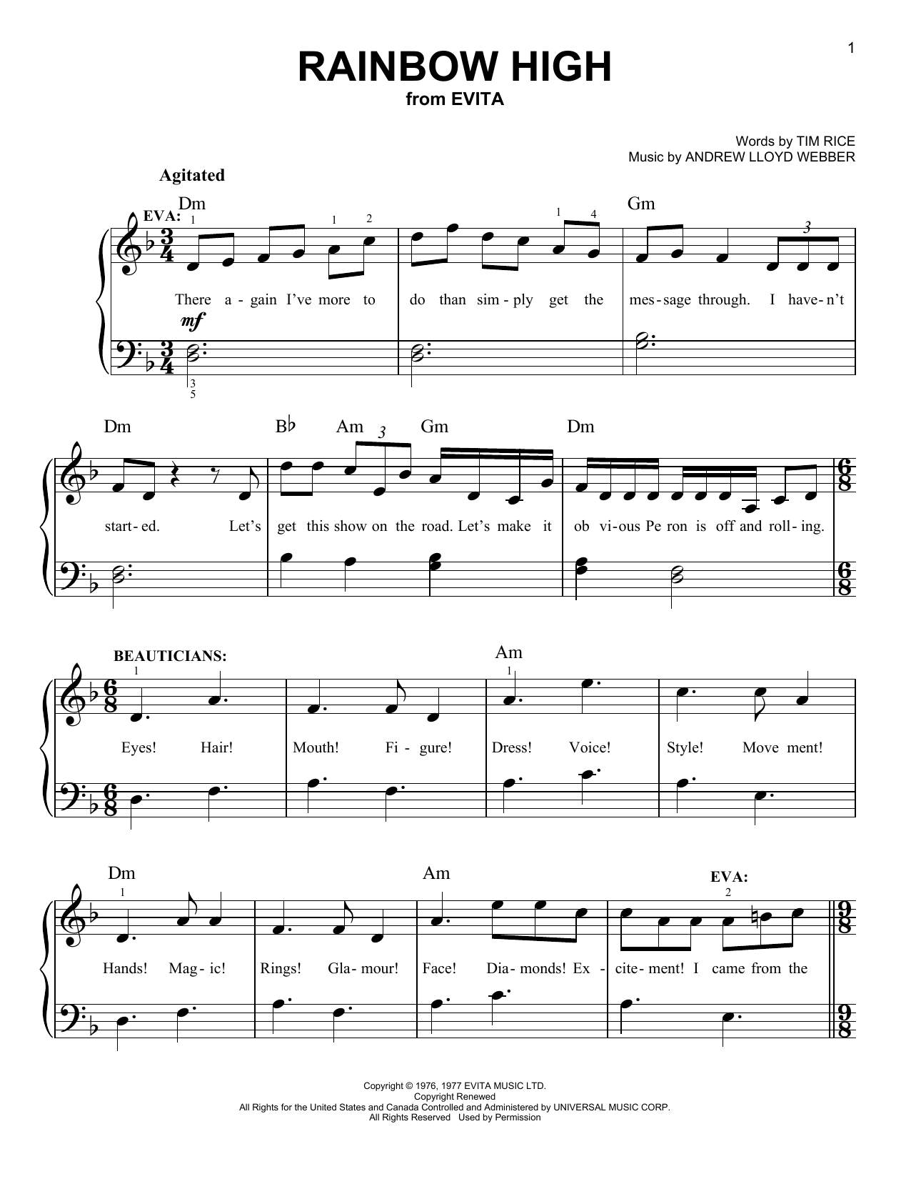 Andrew Lloyd Webber Rainbow High (from Evita) Sheet Music