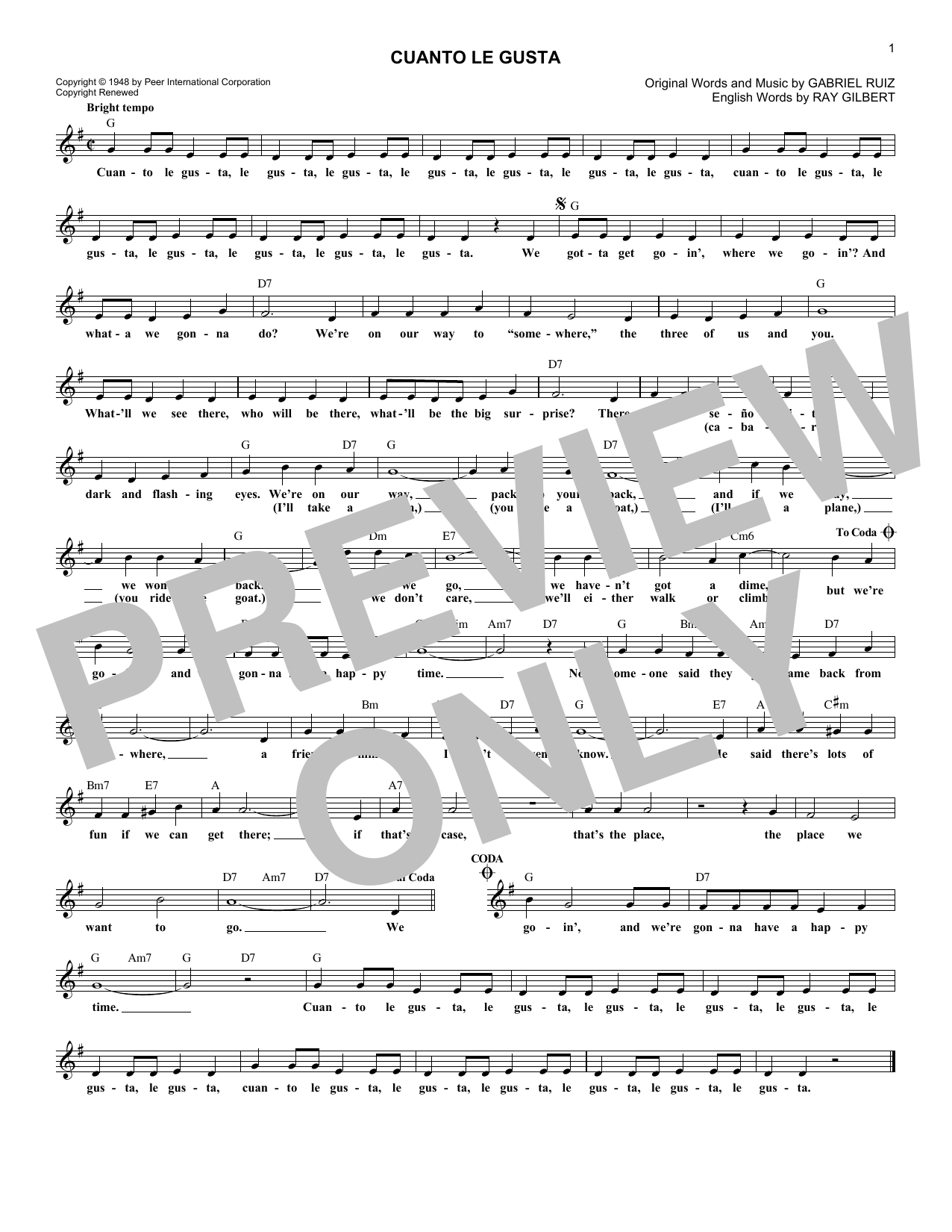 Download The Andrews Sisters & Carmen Miranda Cuanto Le Gusta Sheet Music and learn how to play Melody Line, Lyrics & Chords PDF digital score in minutes