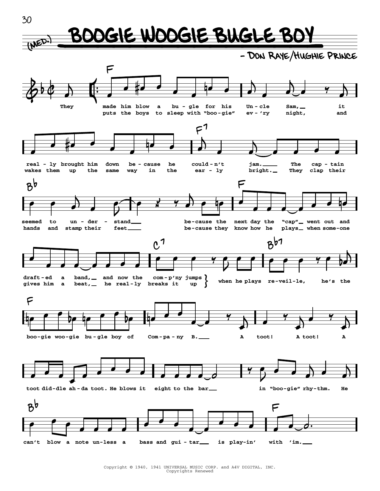 Download Andrews Sisters Boogie Woogie Bugle Boy (High Voice) (from Buck Privates) Sheet Music and learn how to play Real Book – Melody, Lyrics & Chords PDF digital score in minutes