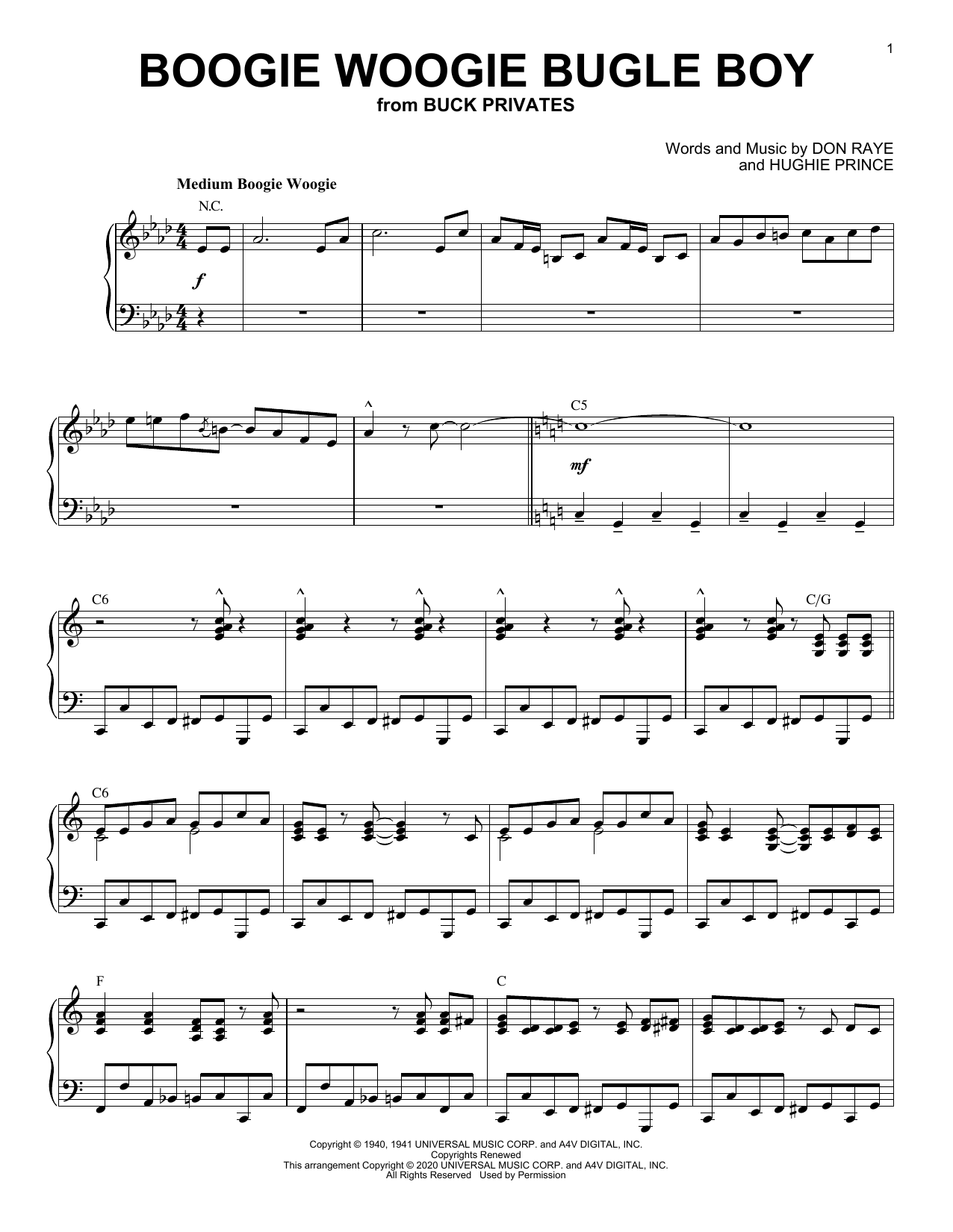 Download Andrews Sisters Boogie Woogie Bugle Boy [Jazz version] (arr. Brent Edstrom) Sheet Music and learn how to play Piano Solo PDF digital score in minutes