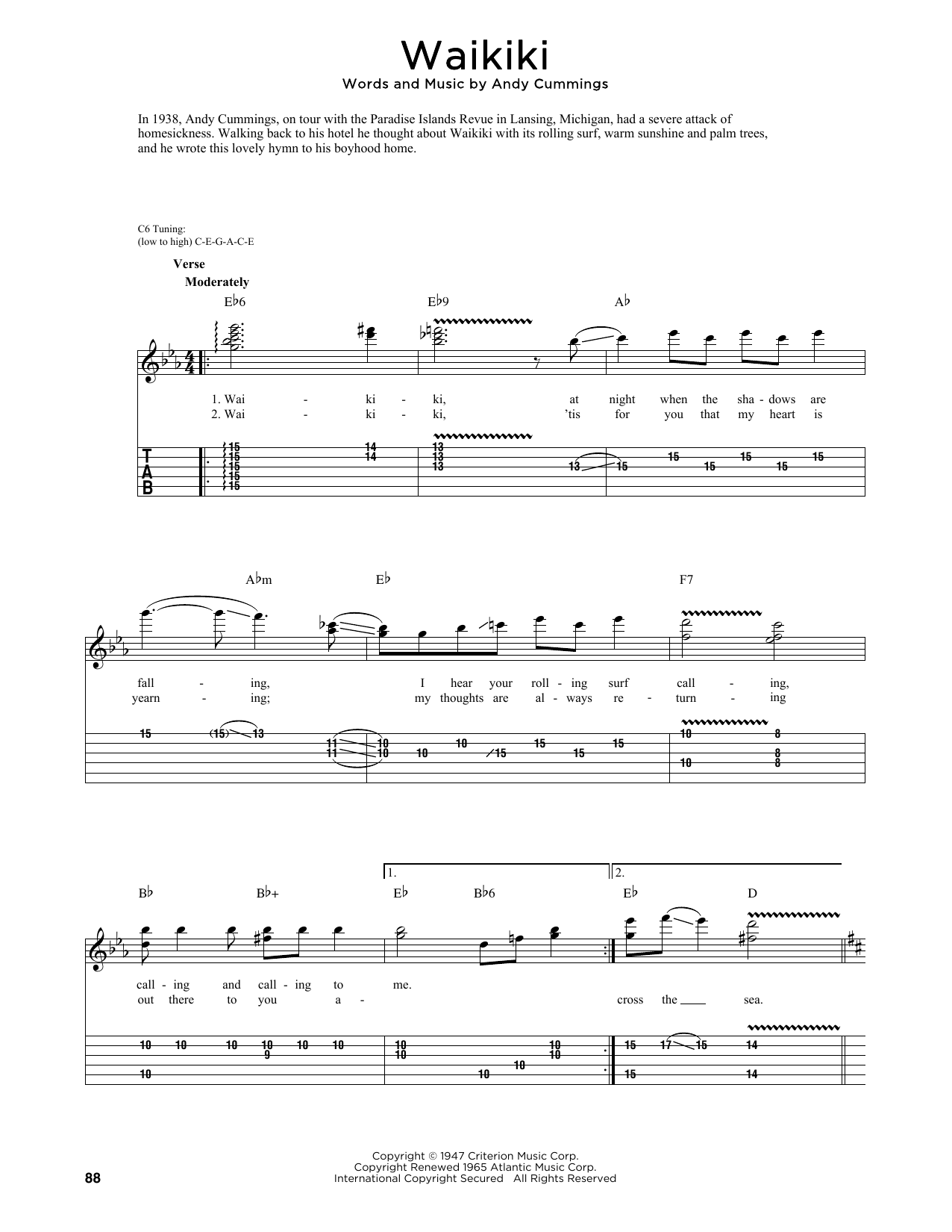 Download Andy Cummings Waikiki (arr. Fred Sokolow) Sheet Music and learn how to play Guitar Tab PDF digital score in minutes