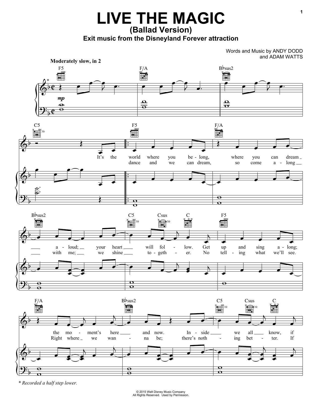 Download Andy Dodd Live The Magic (from Disneyland Forever) Sheet Music and learn how to play Piano, Vocal & Guitar Chords (Right-Hand Melody) PDF digital score in minutes