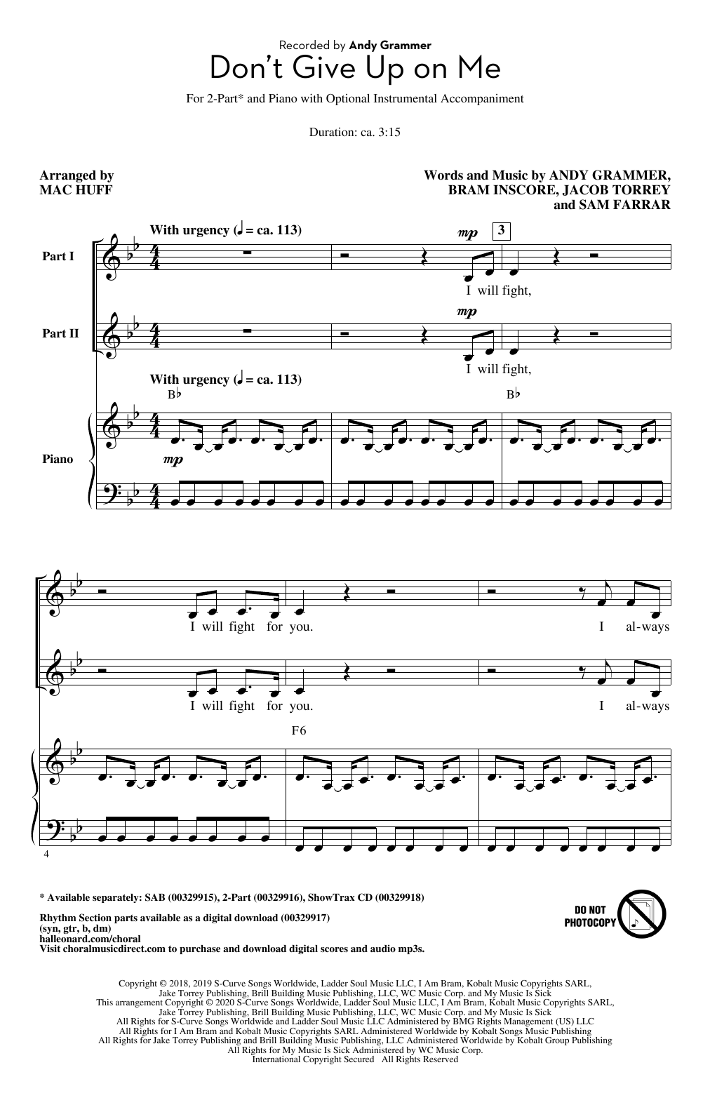 Download Andy Grammer Don't Give Up On Me (arr. Mac Huff) Sheet Music and learn how to play 2-Part Choir PDF digital score in minutes