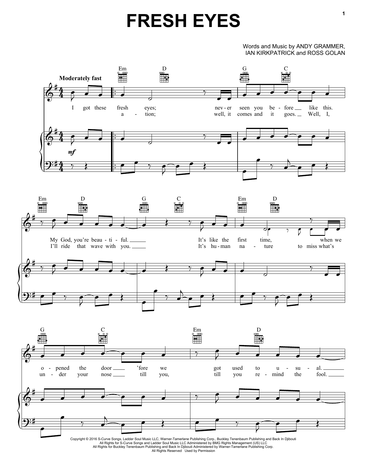 Download Andy Grammer Fresh Eyes Sheet Music and learn how to play Piano, Vocal & Guitar (Right-Hand Melody) PDF digital score in minutes