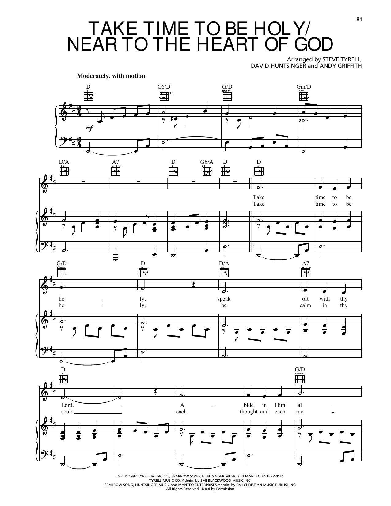 Download Andy Griffith Take Time To Be Holy/Near To The Heart Of God Sheet Music and learn how to play Piano, Vocal & Guitar Chords (Right-Hand Melody) PDF digital score in minutes
