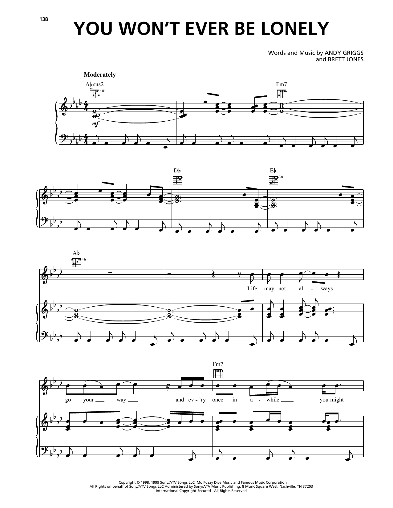 Download Andy Griggs You Won't Ever Be Lonely Sheet Music and learn how to play Piano, Vocal & Guitar Chords (Right-Hand Melody) PDF digital score in minutes