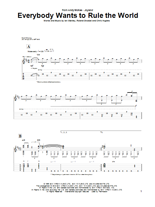 Download Andy McKee Everybody Wants To Rule The World Sheet Music and learn how to play Guitar Tab PDF digital score in minutes