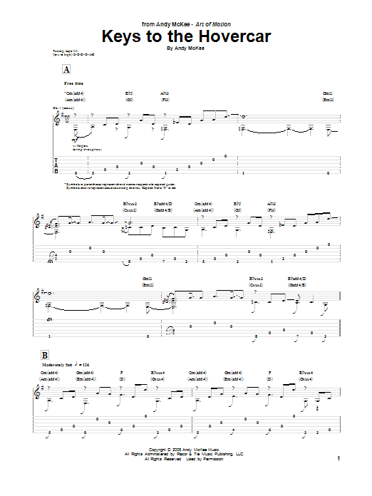 Download Andy McKee Keys To The Hovercar Sheet Music and learn how to play Guitar Tab PDF digital score in minutes