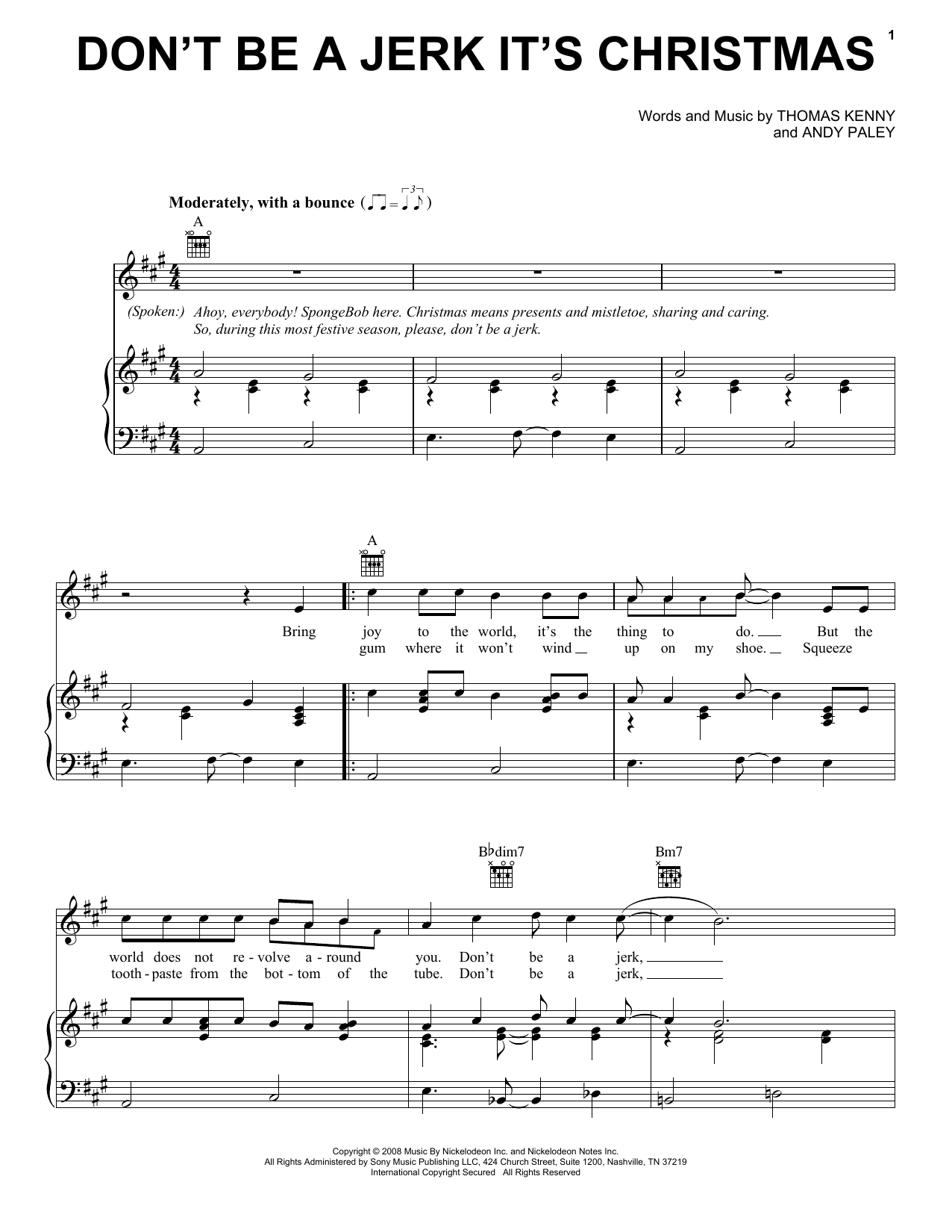 Download Andy Paley Don't Be A Jerk It's Christmas (from SpongeBob SquarePants) Sheet Music and learn how to play Piano, Vocal & Guitar Chords (Right-Hand Melody) PDF digital score in minutes