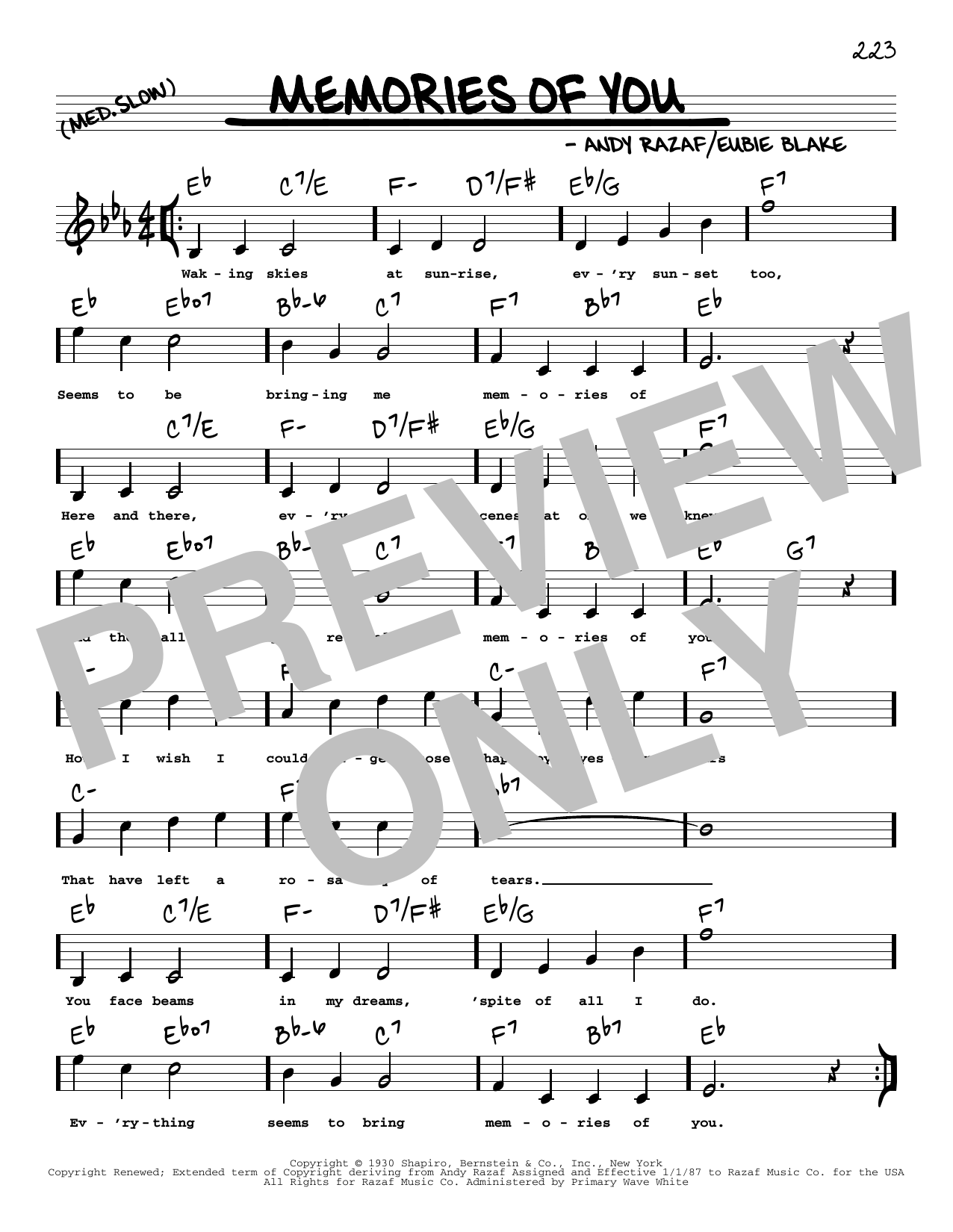 Download Andy Razaf Memories Of You (arr. Robert Rawlins) Sheet Music and learn how to play Real Book – Melody, Lyrics & Chords PDF digital score in minutes