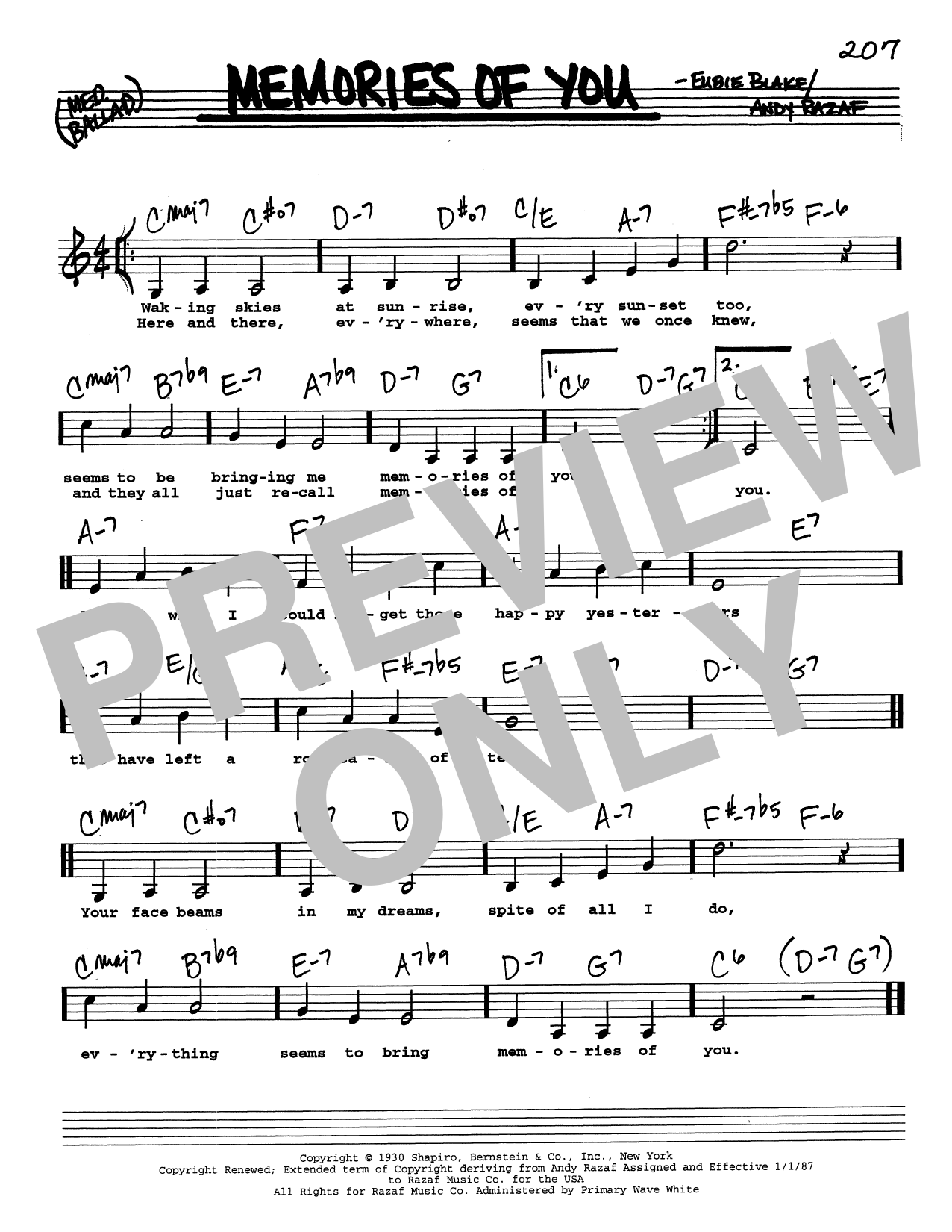 Download Andy Razaf Memories Of You (Low Voice) Sheet Music and learn how to play Real Book – Melody, Lyrics & Chords PDF digital score in minutes