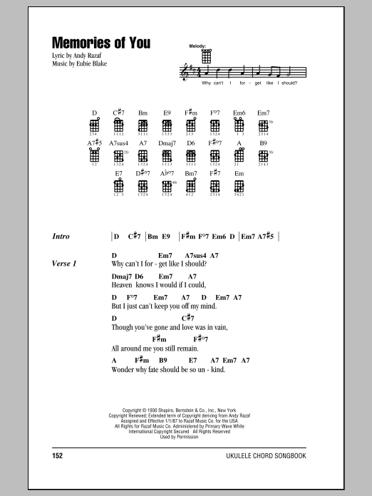 Download Andy Razaf Memories Of You Sheet Music and learn how to play Ukulele with strumming patterns PDF digital score in minutes