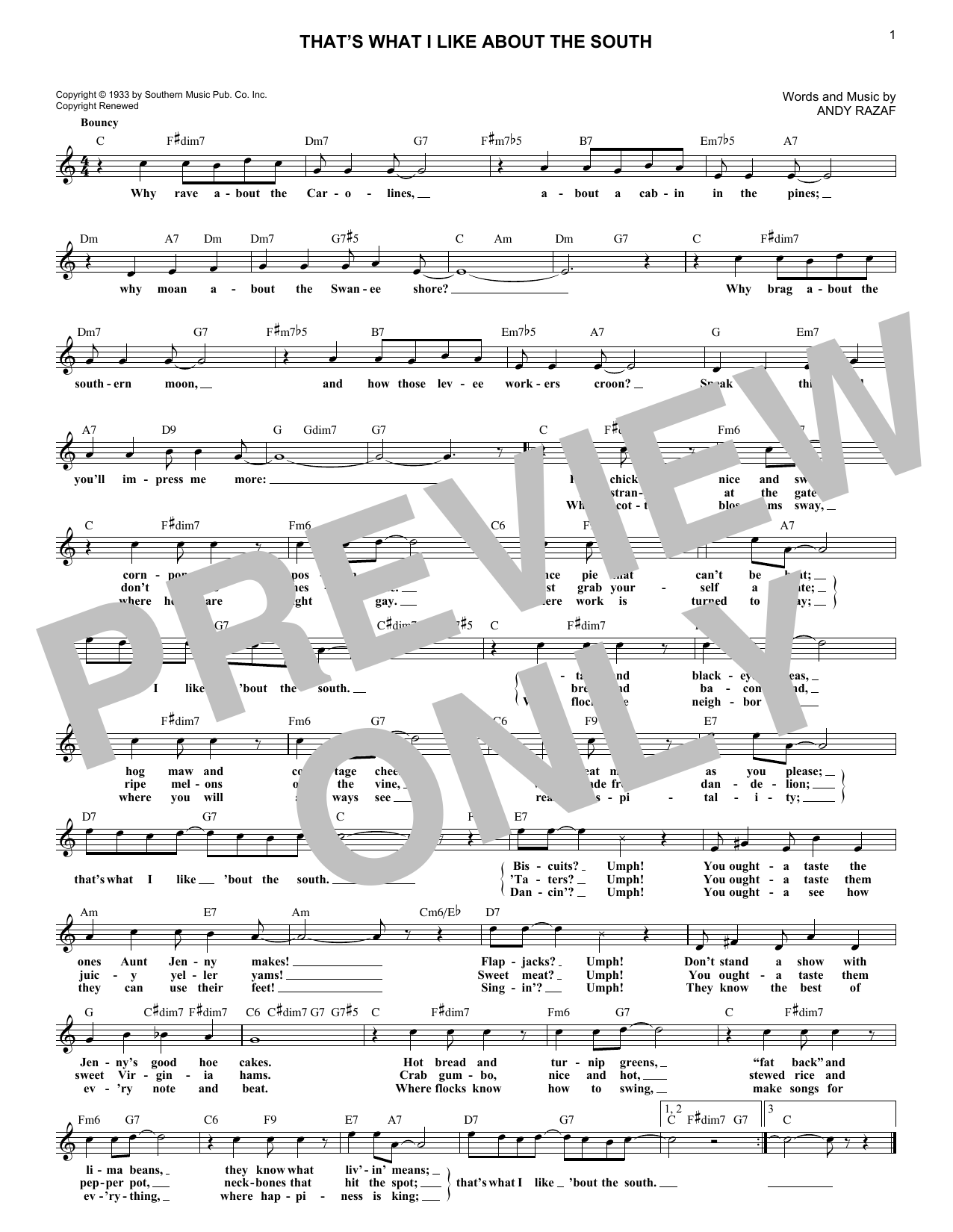 Download Andy Razaf That's What I Like About The South Sheet Music and learn how to play Melody Line, Lyrics & Chords PDF digital score in minutes