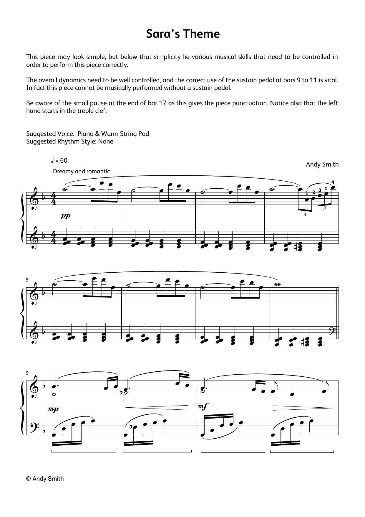 Download Andy Smith Sara's Theme (LCME Electronic Keyboard Grade 6 List B & C) Sheet Music and learn how to play Piano Solo PDF digital score in minutes