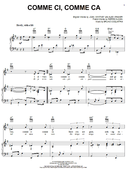 Download Andy Williams Comme Ci, Comme Ca Sheet Music and learn how to play Piano, Vocal & Guitar (Right-Hand Melody) PDF digital score in minutes