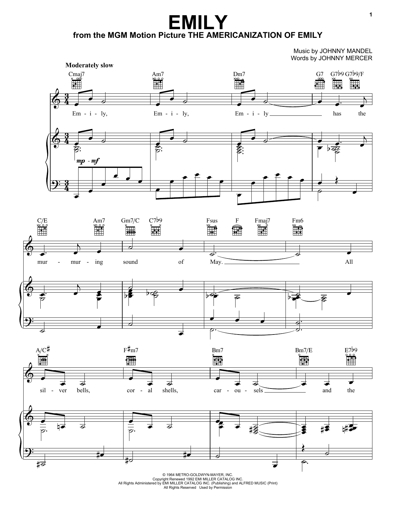 Download Andy Williams Emily Sheet Music and learn how to play Piano, Vocal & Guitar (Right-Hand Melody) PDF digital score in minutes