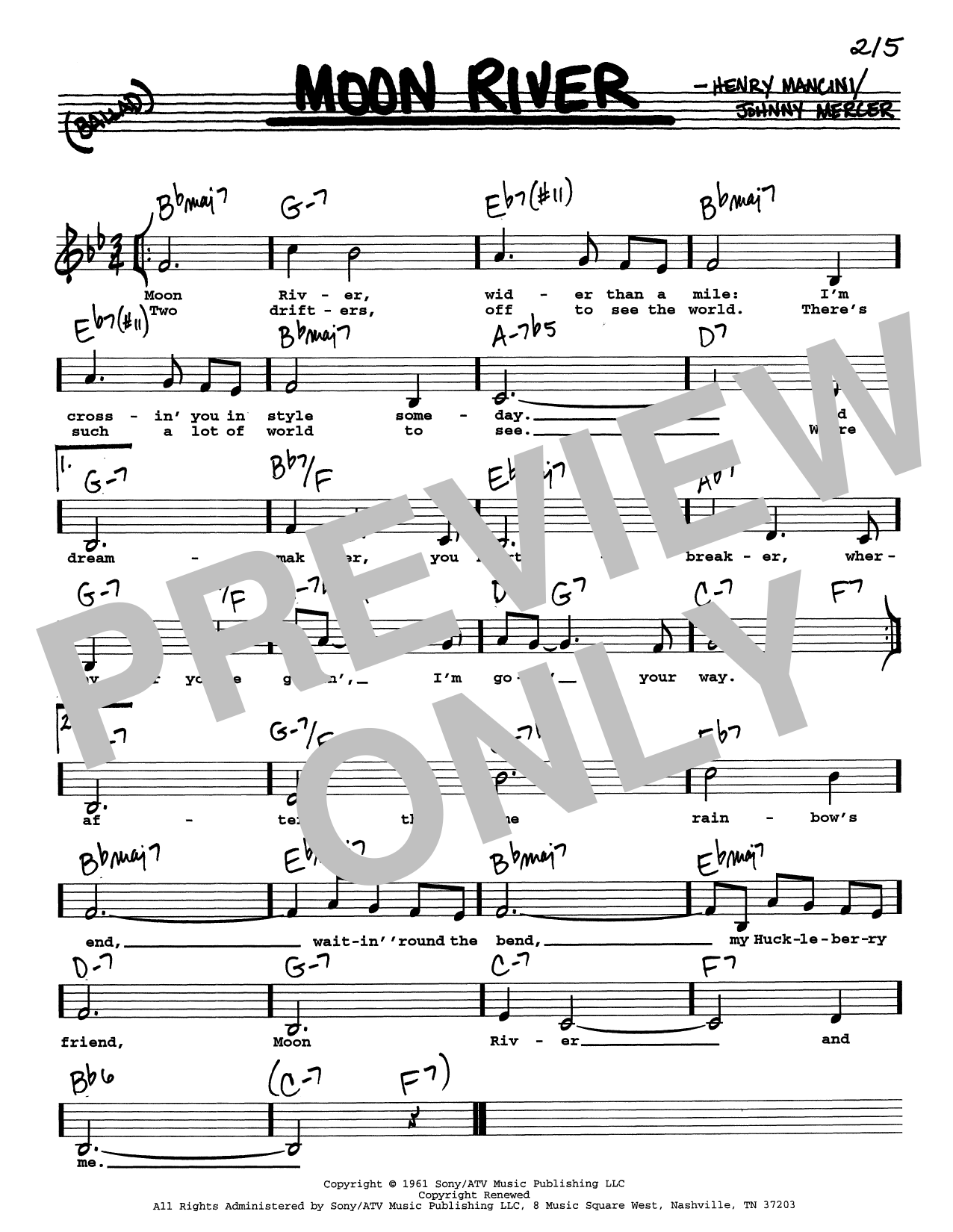 Download Andy Williams Moon River (Low Voice) Sheet Music and learn how to play Real Book – Melody, Lyrics & Chords PDF digital score in minutes