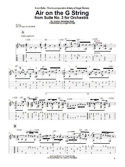 Download Angel Romero Air On The G String Sheet Music and learn how to play Guitar Tab PDF digital score in minutes