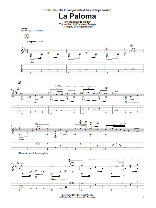 Download Angel Romero La Paloma Sheet Music and learn how to play Guitar Tab PDF digital score in minutes