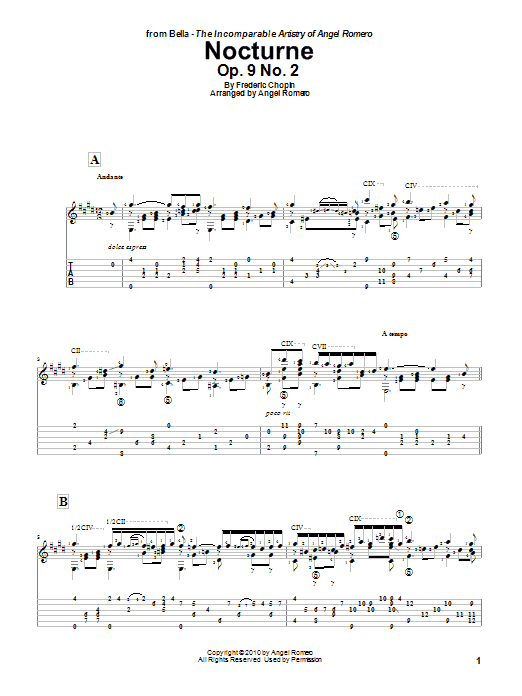 Download Angel Romero Nocturne, Op. 9 No. 2 Sheet Music and learn how to play Guitar Tab PDF digital score in minutes