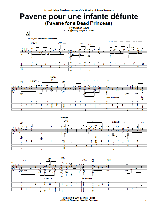 Download Angel Romero Pavane Pour Une Infante Defunte (Pavane For A Dead Princess) Sheet Music and learn how to play Guitar Tab PDF digital score in minutes